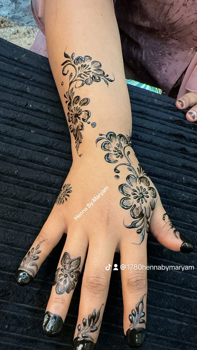 Fine-line floral hand henna